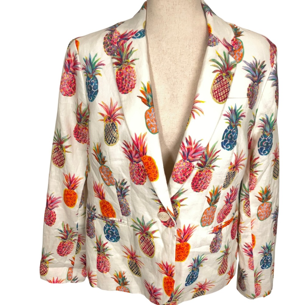 J.Crew Campbell Blazer Women 16 White‎ Multi Pineapple Linen Tropical Summer NWT